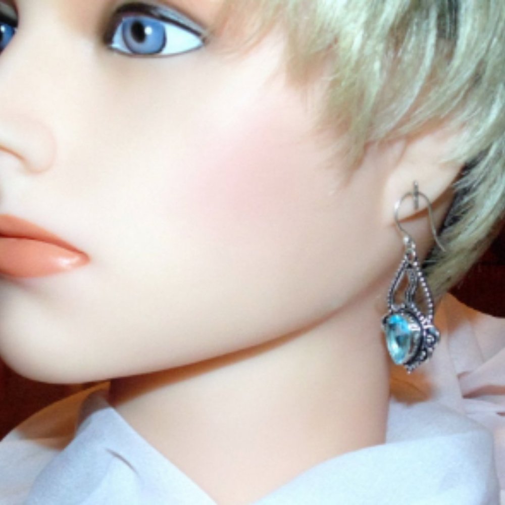 Blue Topaz Earrings Set in Solid Silver • Dangling • Ear Wires • Pierced Ears